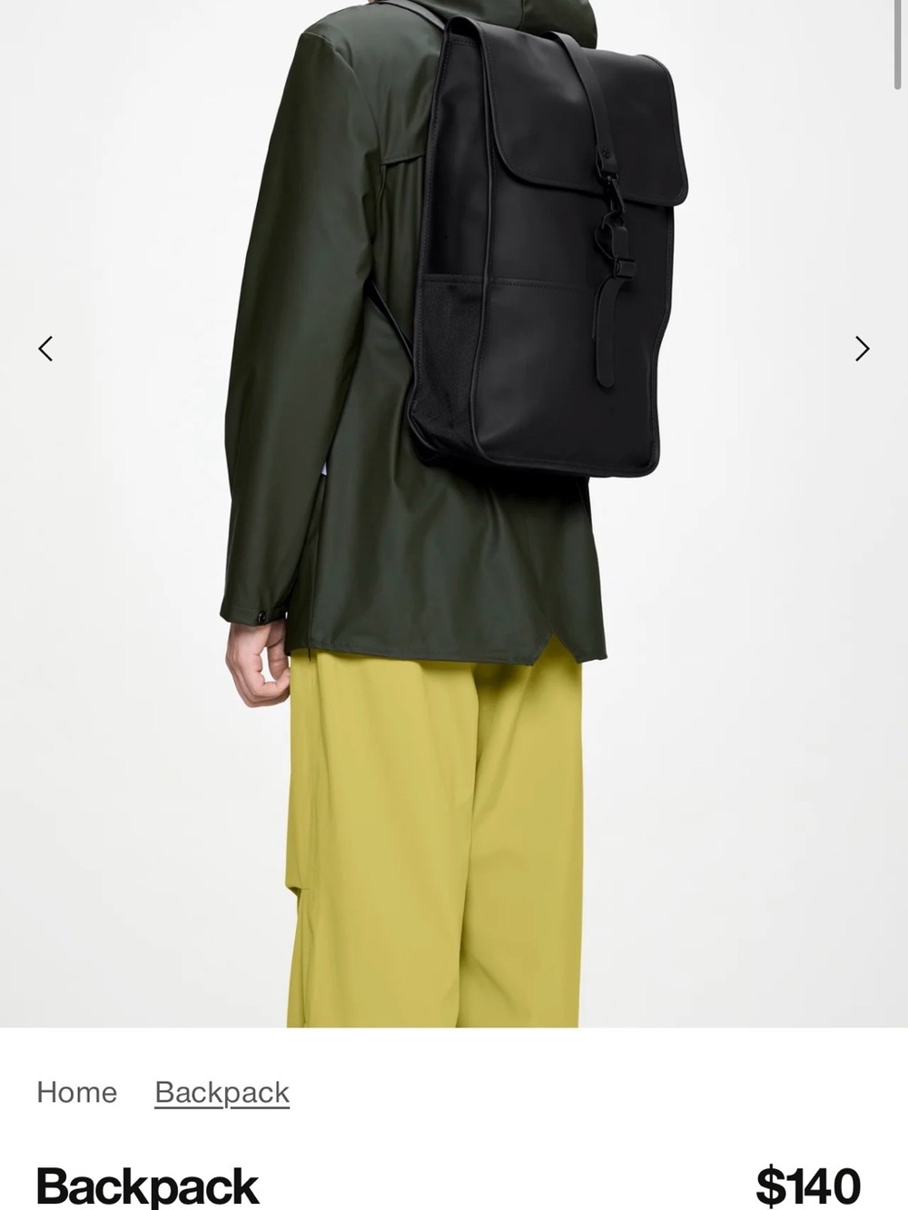 Rains Black Flap Backpack with Buckle Strap waterproof